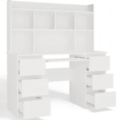 Scrivania 130x51cm con cassetti laterali, libreria e ripiani bianca Toppy