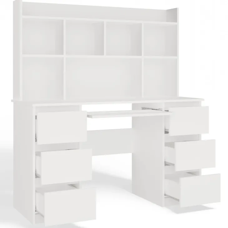 Scrivania 130x51cm con cassetti laterali, libreria e ripiani bianca Toppy