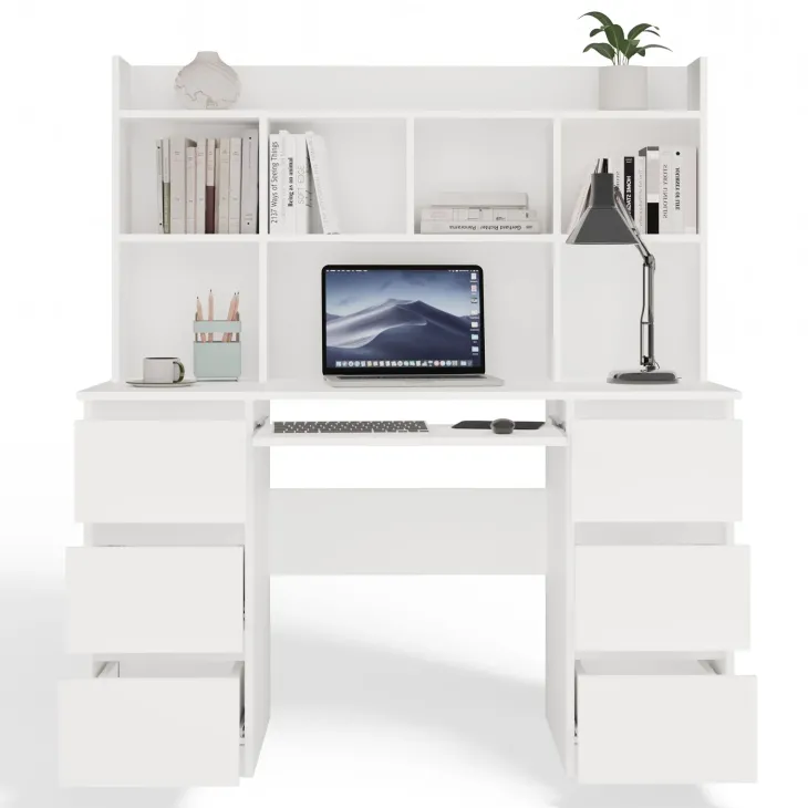 Scrivania 130x51cm con cassetti laterali, libreria e ripiani bianca Toppy