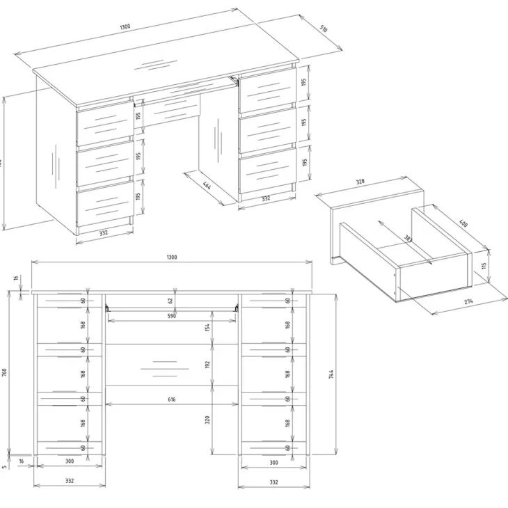 Scrivania 130x51cm con cassetti laterali, libreria e ripiani bianca Toppy