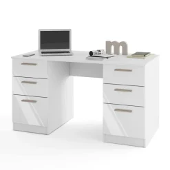 Scrivania 138x68 cm con doppia cassettiera bianco opaco e bianco lucido Dania