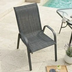 Sedia da giardino con braccioli impilabile in metallo nero e textilene antracite melange Nava