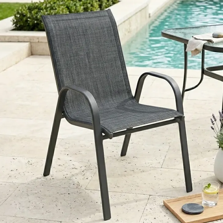 Sedia da giardino con braccioli impilabile in metallo nero e textilene antracite melange Nava