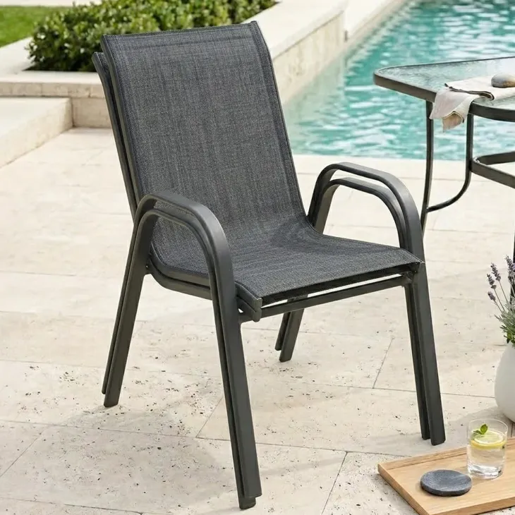 Sedia da giardino con braccioli impilabile in metallo nero e textilene antracite melange Nava