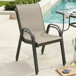 Sedia da giardino con braccioli impilabile in metallo nero e textilene beige Nava