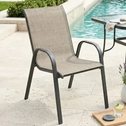 Sedia da giardino con braccioli impilabile in metallo nero e textilene beige Nava