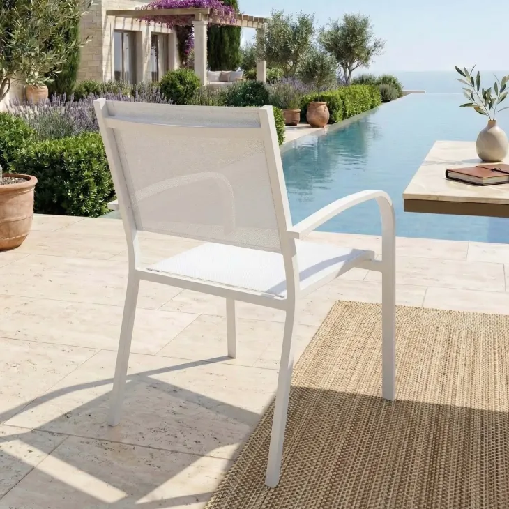 Sedia da giardino impilabile con braccioli tondi in alluminio e textilene bianco Brezza