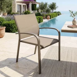 Sedia da giardino impilabile con braccioli tondi in alluminio e textilene tortora Brezza