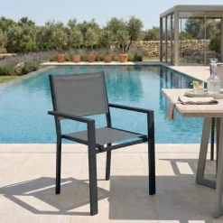 Sedia da giardino impilabile con braccioli quadrati in alluminio antracite e textilene grigio Brezza
