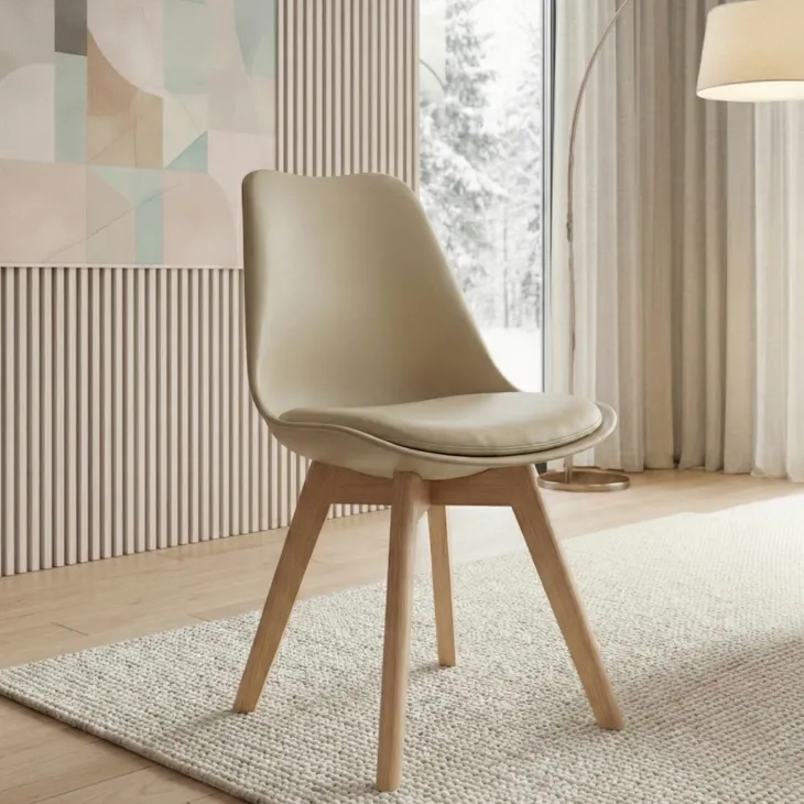 Sedia da pranzo scandinava polipropilene beige cuscino similpelle gambe legno Riccia