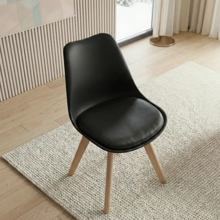 Sedia da pranzo scandinava polipropilene nero cuscino similpelle gambe legno Riccia
