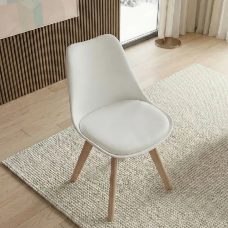 Sedia da pranzo scandinava polipropilene bianco cuscino similpelle gambe legno Riccia