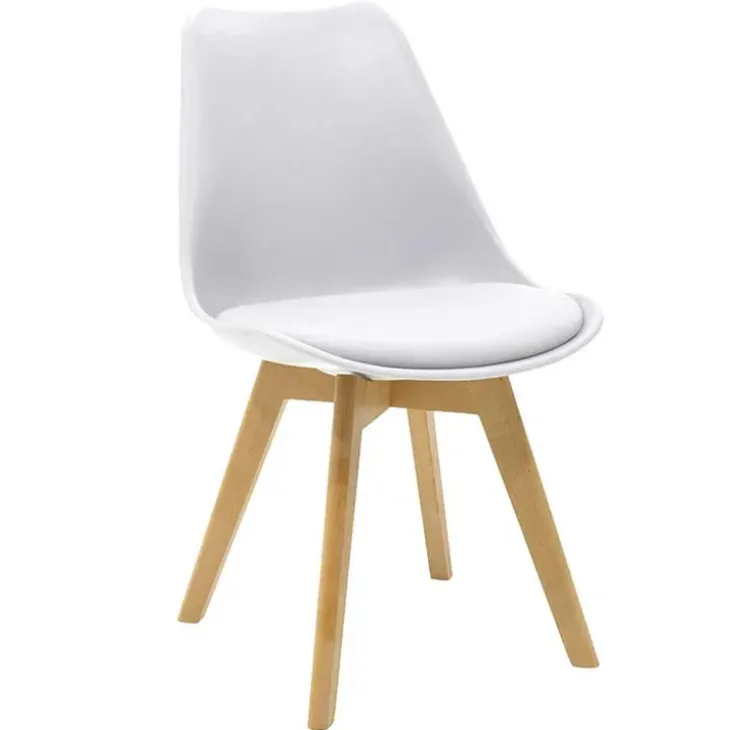 Sedia da pranzo scandinava polipropilene bianco cuscino similpelle gambe legno Riccia