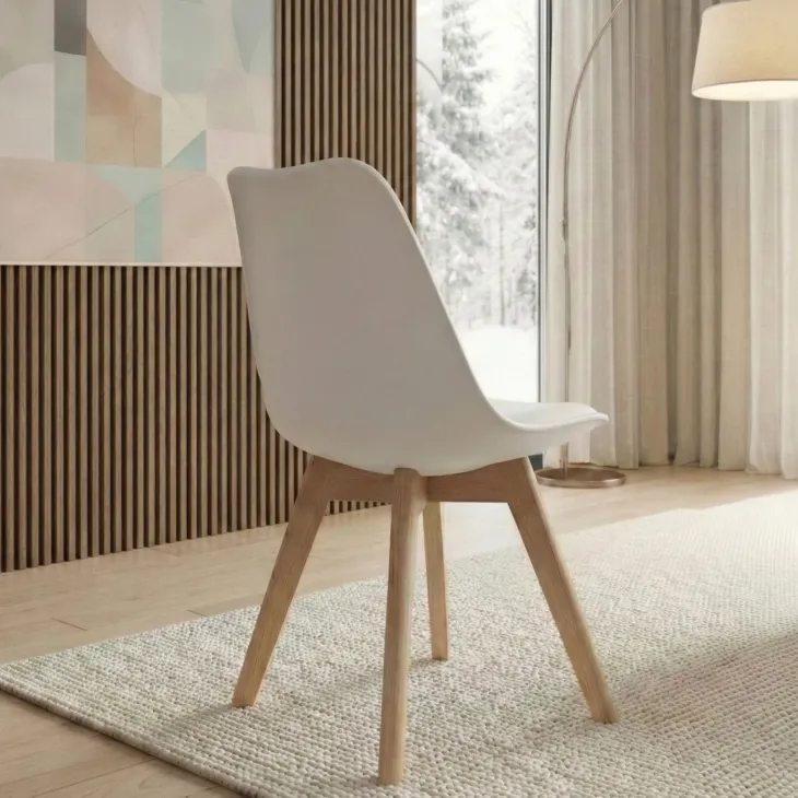 Sedia da pranzo scandinava polipropilene bianco cuscino similpelle gambe legno Riccia