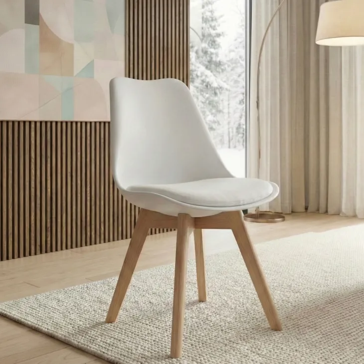Sedia da pranzo scandinava polipropilene bianco cuscino similpelle gambe legno Riccia