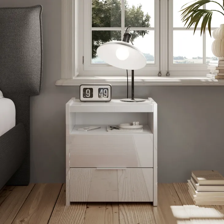 Set 2 comodini 52x58cm 2 cassetti bianco lucido Gassy