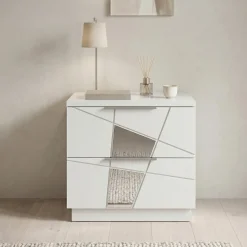 Set 2 comodini 51x48h cm con cassetti bianco opaco frassinato con serigrafia e specchio Olimpo