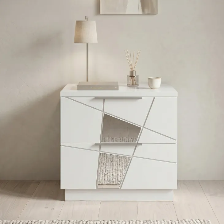 Set 2 comodini 51x48h cm con cassetti bianco opaco frassinato con serigrafia e specchio Olimpo