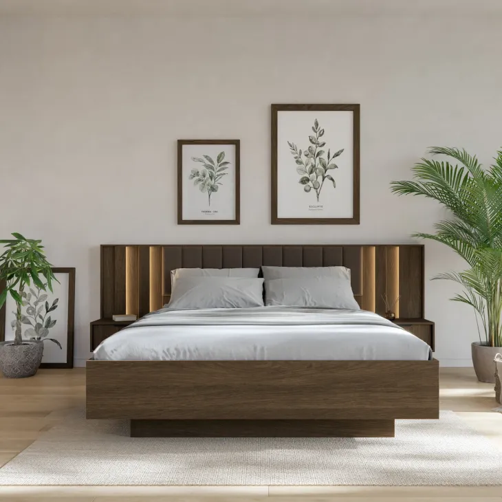 Set 2 comodini 50x102h cm con led 1 cassetto camera da letto noce Bois