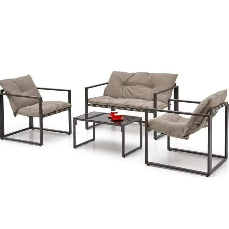 Set da giardino divano, poltrona, tavolino in vetro nero marrone Surat