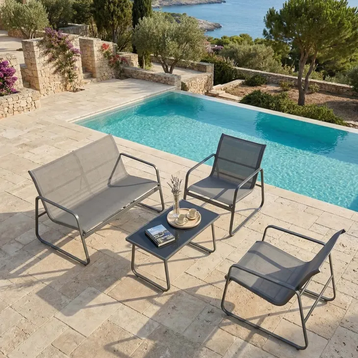Set giardino relax 75x45cm 2 sedie divano e tavolino acciaio grigio Eden