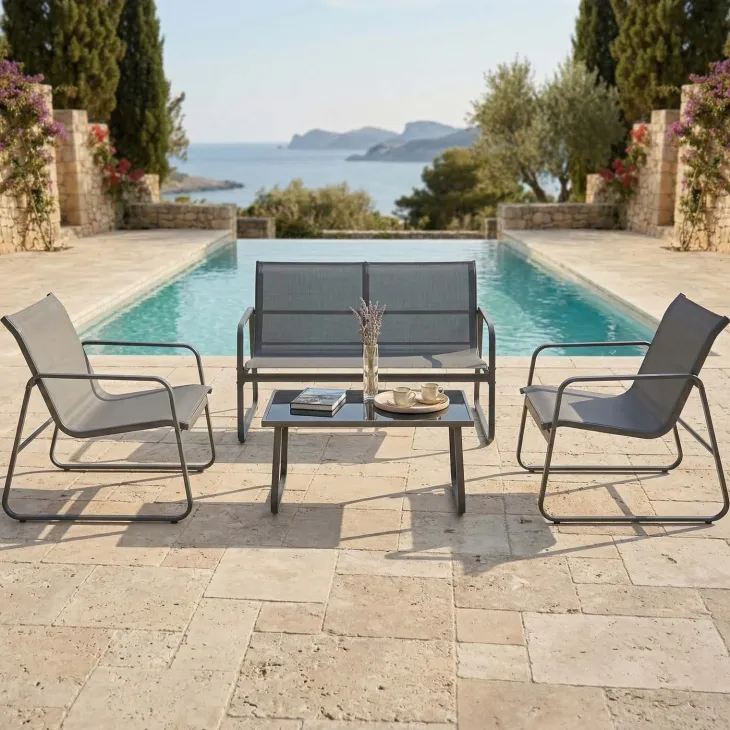 Set giardino relax 75x45cm 2 sedie divano e tavolino acciaio grigio Eden