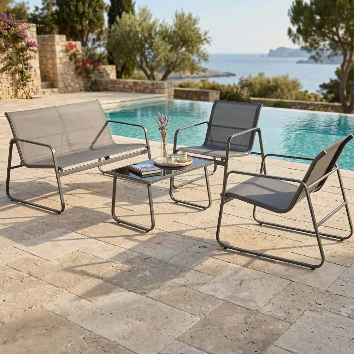Set giardino relax 75x45cm 2 sedie divano e tavolino acciaio grigio Eden