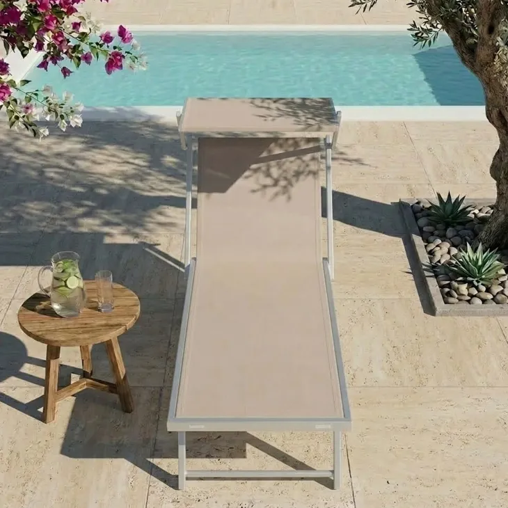 Set 2 lettini prendisole reclinabili in alluminio e textilene beige con tettuccio Apollo