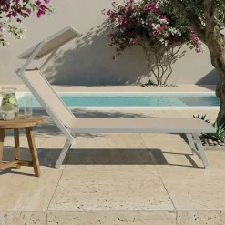 Set 2 lettini prendisole reclinabili in alluminio e textilene beige con tettuccio Apollo