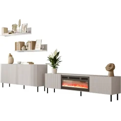 Set mobili soggiorno completo con frontali cannettati beige Ziggy 1