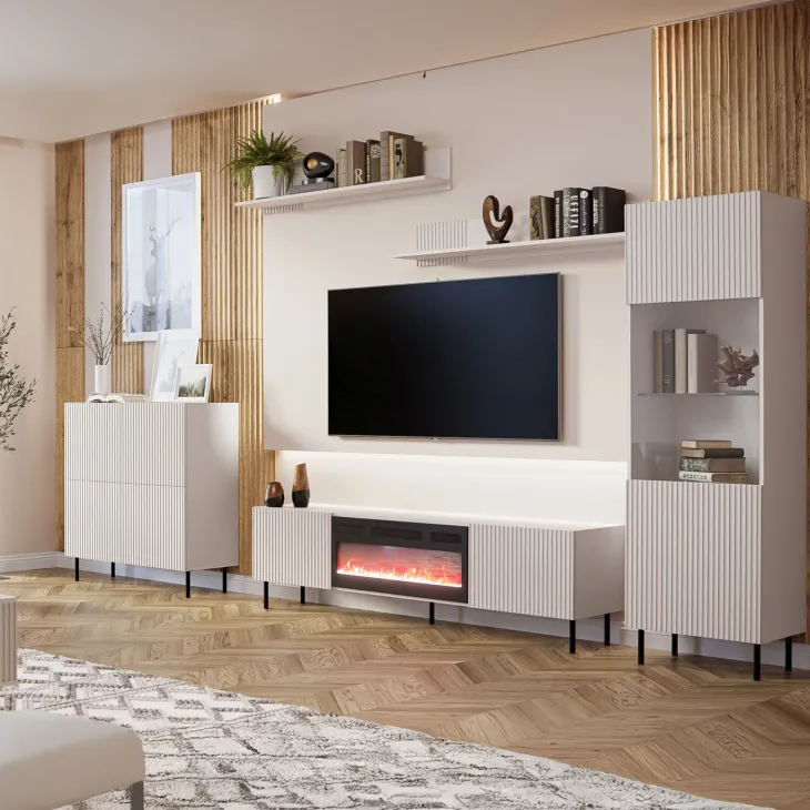 Set mobili soggiorno completo con frontali cannettati beige Ziggy 3