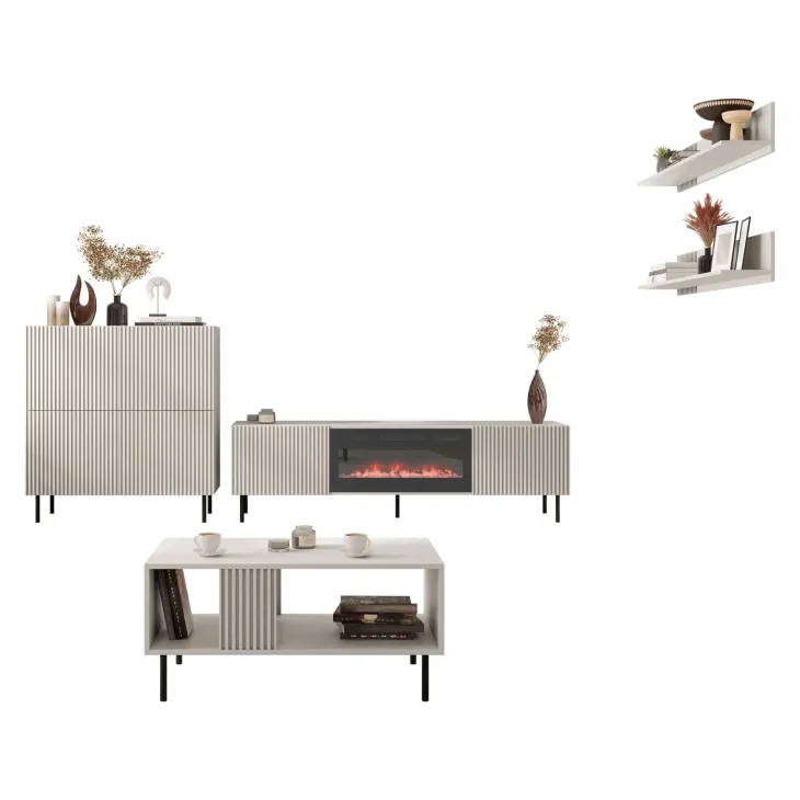 Set mobili soggiorno completo con frontali cannettati beige Ziggy 5