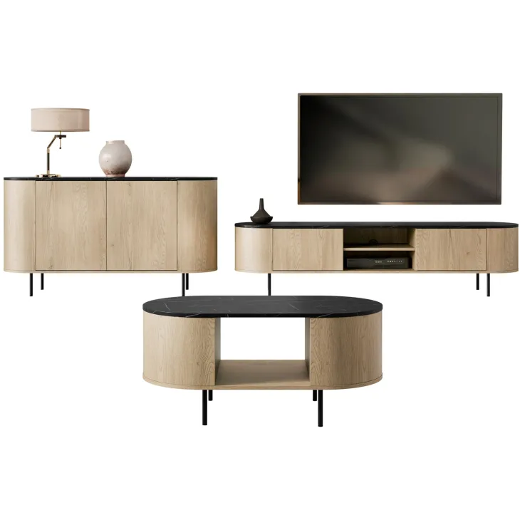 Set mobili soggiorno completo rovere effetto marmo nero Roundi