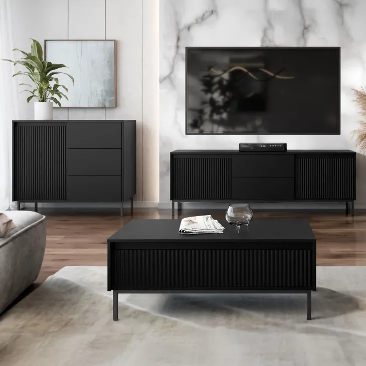 Set mobili soggiorno completo design cannettato nero Strike 2