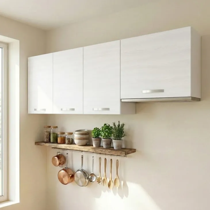 Set 3 pensili cucina 180x72hcm reversibili con pensile cappa bianco frassinato Talise