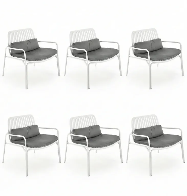 Set 6 poltrone da giardino in acciaio bianco con cuscino grigio Berta