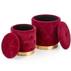 Set 2 pouf moderno contenitore in velluto bordeaux Emil