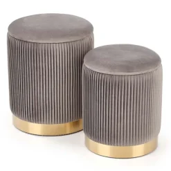 Set 2 pouf rotondi contenitore in velluto acciaio cromato oro Cubal