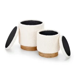 Set 2 pouf rotondi contenitore imbottiti panna rovere Masato