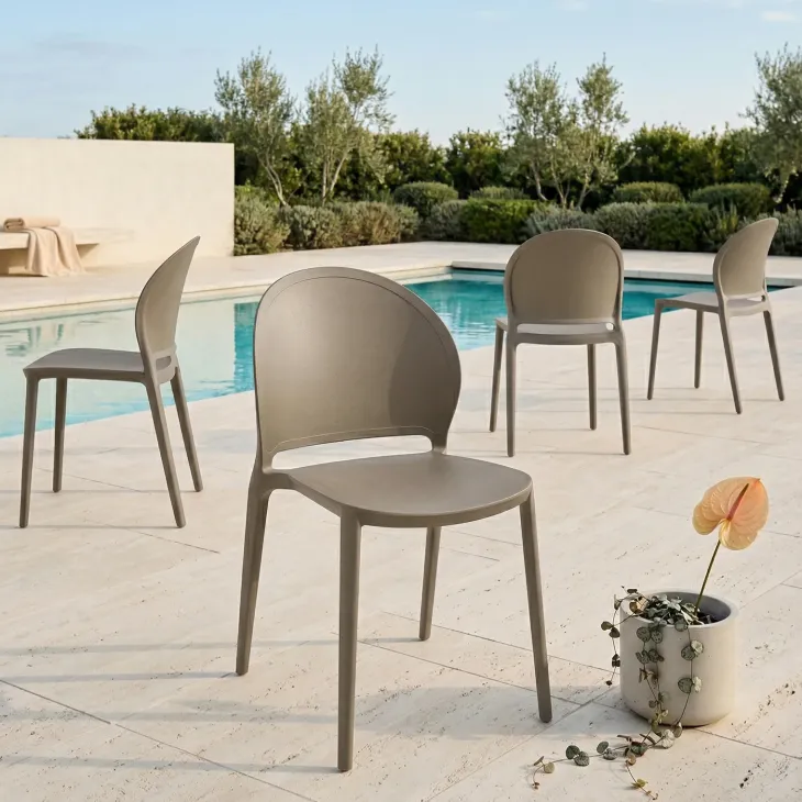Set 4 sedie da giardino esterno bar dehors impilabili in polipropilene tortora Pelican