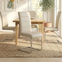 Set 4 sedie sala da pranzo a slitta in ecopelle e gambe in metallo beige Pamela