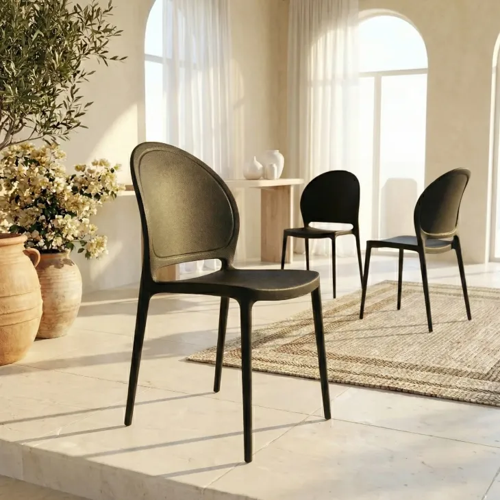 Set 4 sedie sala da pranzo impilabili moderne in polipropilene nero Pelican