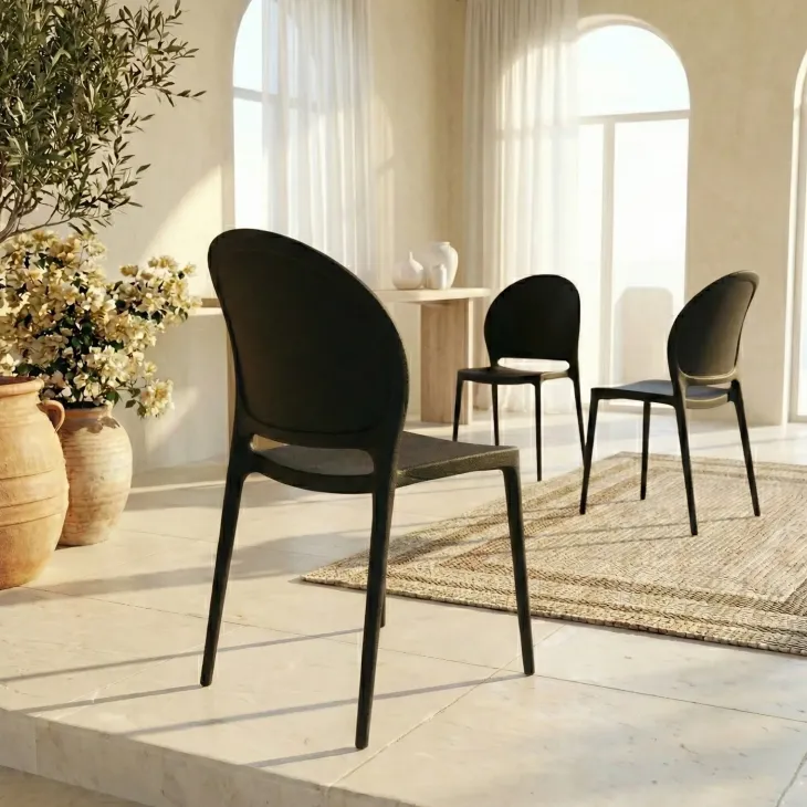 Set 4 sedie sala da pranzo impilabili moderne in polipropilene nero Pelican
