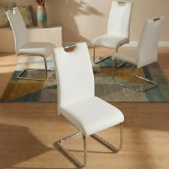 Set 4 sedie sala da pranzo in ecopelle e acciaio cromato bianco Deva
