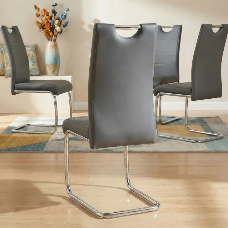 Set 4 sedie sala da pranzo in ecopelle e acciaio cromato grigio Deva