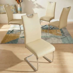 Set 4 sedie sala da pranzo in ecopelle e acciaio cromato beige Deva