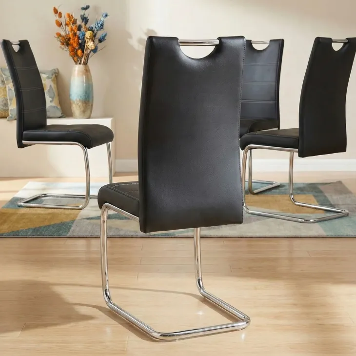 Set 4 sedie sala da pranzo in ecopelle e acciaio cromato nero Deva