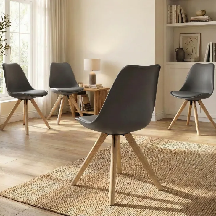 Set 4 sedie sala da pranzo in ecopelle design moderno grigio gambe in legno rovere Nives