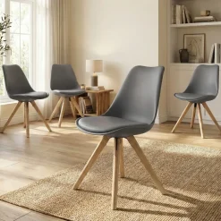 Set 4 sedie sala da pranzo in ecopelle design moderno grigio gambe in legno rovere Nives