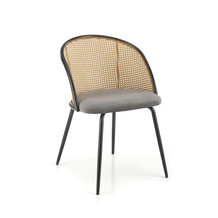 Set 4 sedie sala da pranzo in rattan e velluto grigio Triski
